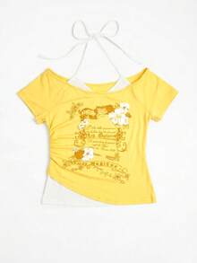 Áo crop top nữ thời trang phong cách retro Y2K Mỹ, kiểu dáng 2 trong 1, hở lưng, buộc dây, ôm sát, in họa tiết nốt nhạc, áo thun tay ngắn trễ vai, phong cách thường ngày. - Màu vàng - Xem 5