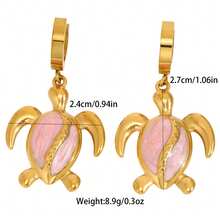 18K Gold Plated Enamel Sea Turtle Drop Earrings, Bohemian Style Gold Summer Beach Vacation Accessories, Stainless Steel Waterproof Beach Earrings (Multiple Enamel Colors Available) - Gold - View 2