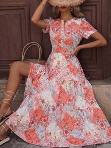 Đầm nữ in hoa cổ điển, thích hợp cho kỳ nghỉ xuân hè, kiểu dáng thanh lịch. - Màu Hồng  San hô - Xem 2