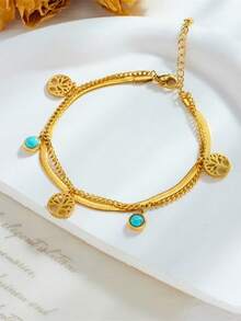 Tsnamer 1条简约不锈钢生命之树吊坠手链，女士款，送给女朋友的礼物 - 金黃色 - 查看 3