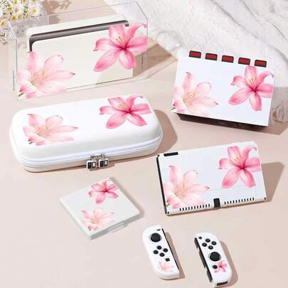 Ayotu Floral Lily Pattern Game Console Shell And Accessory Set For Nintendo Switch/Switch OLED/Switch Lite, Including Protective Case, Storage Bag, Console Shell, Dust Cover, Game Card Case, Controller Grip, Suitable For Christmas Gift, Spring Romance, Valentine's Day Gift, Back To School Gift