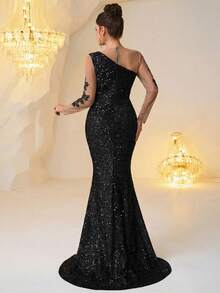 Vestido Elegante Preto Feminino de Cintura Alta Plissado e Ajustado com Decoração Floral 3D, Vestido Longo de Manga Longa com Fenda Elegante em Formato de Cauda de Sereia, Adequado para Ocasiões Formais, Galas, Traje de Convidado de Casamento, Cerimônias de Formatura, Jantares e Festas - Preto - Visão 2