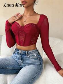 Luna Muse Women's Spring/Summer New Burgundy Lace Bandeau Bra Top, Palace Style Bodycon Shapewear, Y2K Sexy Sheer Sleeveless Crop Top, Elegant High-End, Suitable For Daily, Casual, Party, Vacation, Date, Street, Performance, Outdoor, Back To School, Pure Desire Style, Spring/Summer New, Music Festival, Valentine's Day, Graduation Season, Party Outfit, Hot Girl, Slimming - Burgundy - View 5