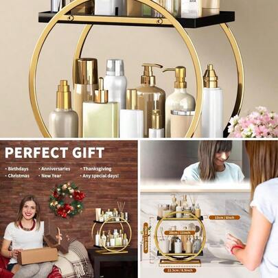 Organizador de maquillaje tocador, organizador de perfumes negro y dorado, organizadores de baño de 2 niveles para encimera, estantería para encimera de baño, soporte para productos de cuidado de la piel, bandeja para perfumes, exhibidor de cosméticos