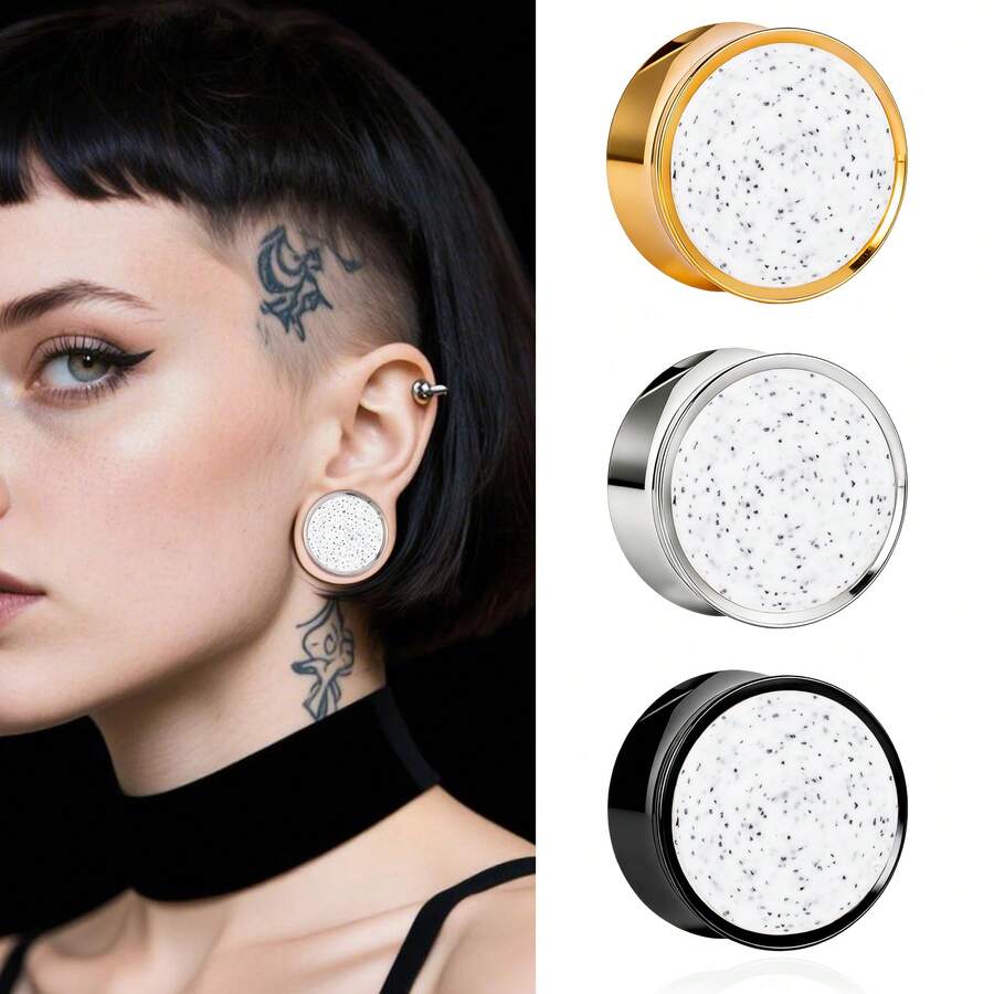 2件装斑点石耳塞耳扩，金/银/黑三色可选，不锈钢材质，低过敏性，适用于耳软骨、耳廓和耳蜗部位的穿刺饰品。 - 圓形 - 查看 1