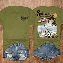 Women's Seashells & Beach Palm Tree Vacation Print T-Shirt, Casual Vacation Women's Short Sleeve Top, Women's Clothing - 軍綠色 - 查看 1