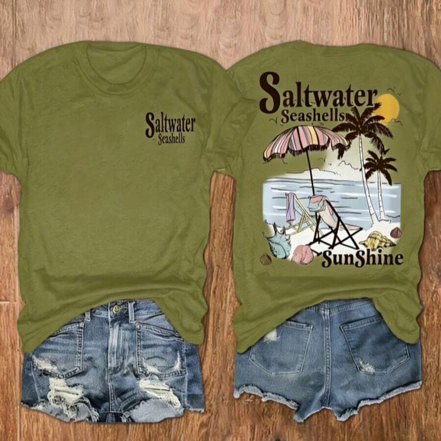 Women's Seashells & Beach Palm Tree Vacation Print T-Shirt, Casual Vacation Women's Short Sleeve Top, Women's Clothing - 軍綠色 - 查看 1