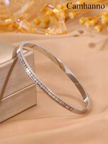 1/5 piezas Brazalete de mujer de acero inoxidable chapado en oro, brazalete apilable clásico con incrustaciones de rhinestone, joyería resistente a la oxidación y al agua - Plateado - Ver 3