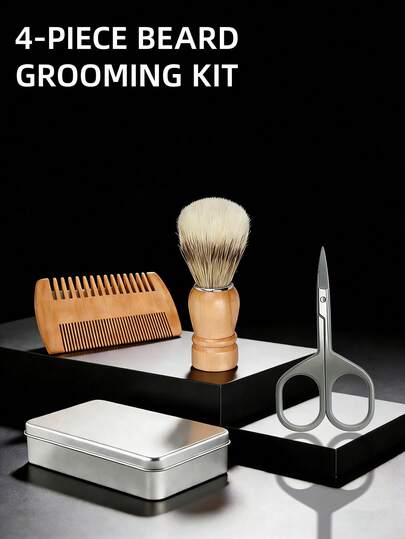 J·FOCUS Bộ dụng cụ chăm sóc râu 4 món dành cho nam giới, bao gồm lược râu bằng gỗ, cọ cạo râu, kéo bằng thép không gỉ và hộp đựng bằng kim loại, bộ chăm sóc râu di động phù hợp cho gia đình và du lịch, món quà lý tưởng cho các ông bố, phù rể và những người yêu thích nuôi râu.