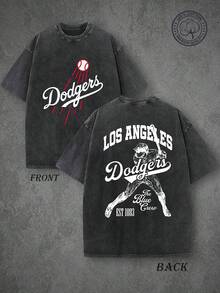 LA Dodgers Washed Vintage Short Sleeve T-Shirt | Retro Baseball T-Shirt, Single-Sided Print, High Quality T-Shirt, Classic Washed Shirt, Washed Pure Cotton T-Shirt, Casual Style, Perfect Gift Choice, Comfortable, Fashion Street Style Pure Cotton T-Shirt. |  USA - 黑色 - 查看 1