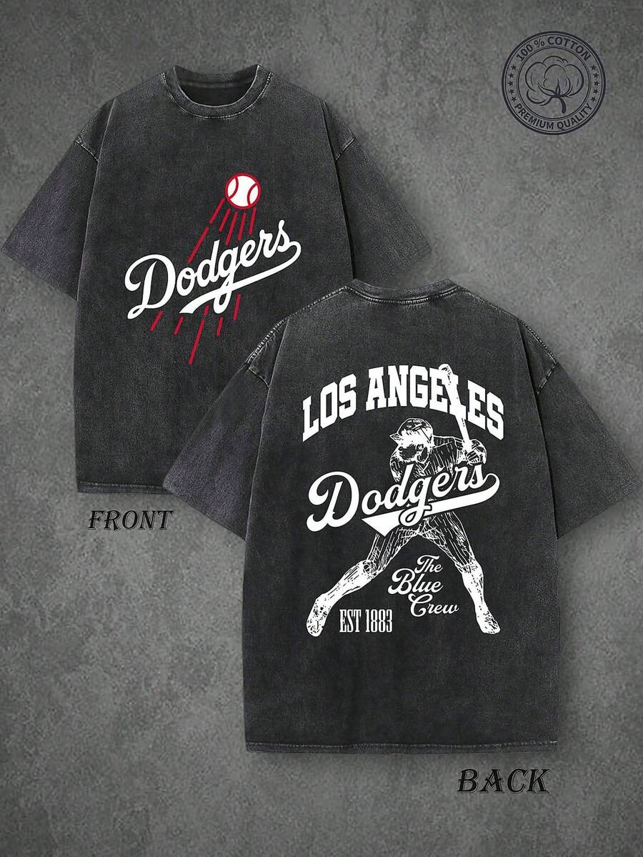 LA Dodgers Washed Vintage Short Sleeve T-Shirt | Retro Baseball T-Shirt, Single-Sided Print, High Quality T-Shirt, Classic Washed Shirt, Washed Pure Cotton T-Shirt, Casual Style, Perfect Gift Choice, Comfortable, Fashion Street Style Pure Cotton T-Shirt. | USA - 黑色 - 查看 1