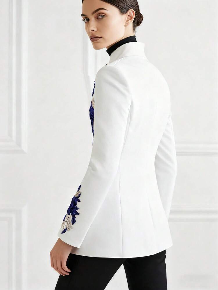 Women's Fashion Delicate Floral Embroidered Front Button Blazer Jacket, Suitable For Daily Office, Gatherings, All Seasons With Lining Vacation Spring - Navy Blue - View 2