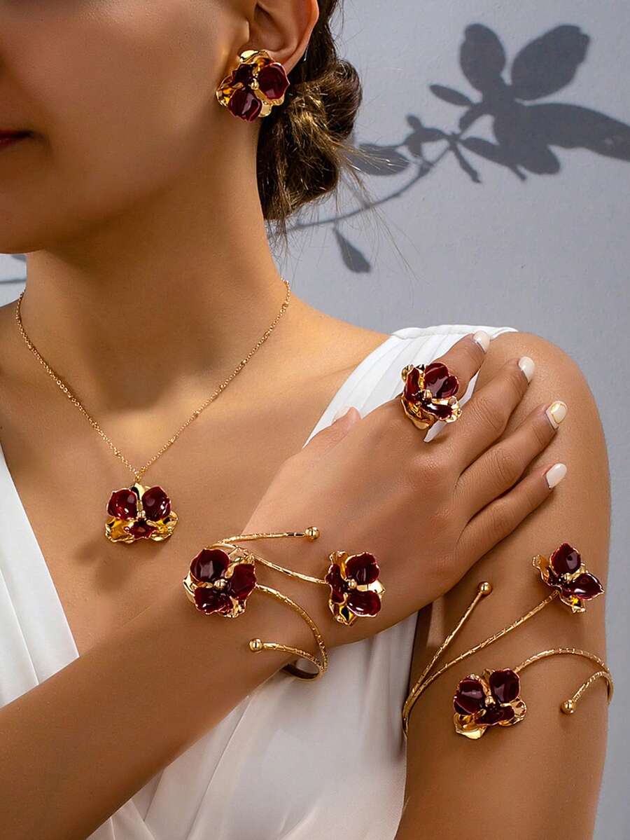 6pcs/Set Tie Dye Floral Jewelry Set, Elegant Unique Earrings, Bracelet, Necklace, Ring, Vacation Style Matching Set - Burgundy - View 1