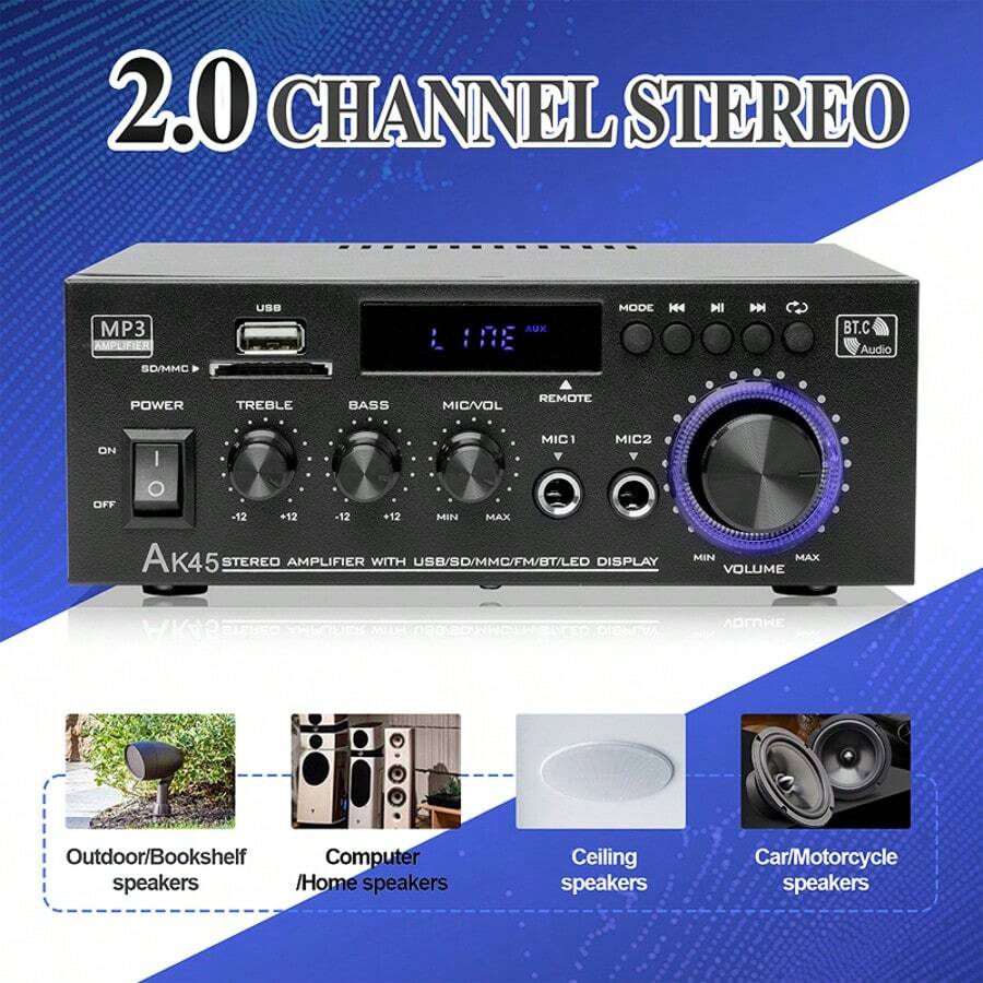 300W 2-Channel Wireless Bluetooth 5.0 Stereo Audio Amplifier, Home Audio Power Amplifier With FM Radio, USB, SD Card, Remote Control For Home Theater Sound System