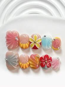 10Pcs Childlike Hand Drawn Style Handmade Press On Nail,Polygel Nail Set,Handcrafted,Red, Yellow,White Nail Polish,Fresh Summer Style,Includes Nail Tools,3 Sizes Available,Square,Short Square,Almond,Nails For Party,Dance,Daily Wear. - 彩色 - 查看 13