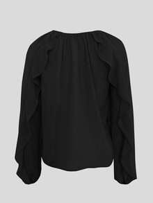 Women's Elegant V-Neck Ruffle Hem Asymmetric Button-Front Casual Chiffon Blouse, Long Sleeve Black Summer - Black - View 6