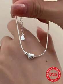 BALMORA 1 pieza Pulsera de cuentas con forma de corazón de plata de ley 925 con cadena de serpiente minimalista, adecuada para el uso diario de moda femenina, se puede dar como regalo a amigos - Plateado - Ver 2