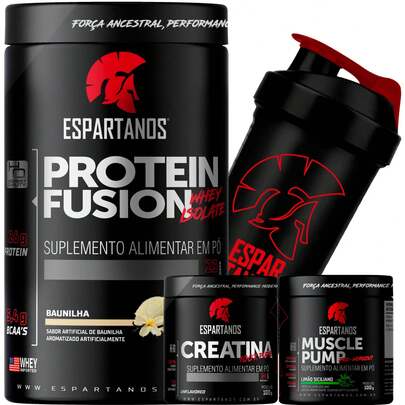  Kit Whey Protein Fusion 900g + Creatina 100% Pura 100g + Pré-Treino Muscle Pump Limão 100g + Coqueteleira 600ml Preto c/ Vermelho - Espartanos