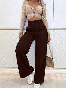 女士纯色高腰休闲百搭日常裤装（春季款） - 咖啡棕 - 查看 3