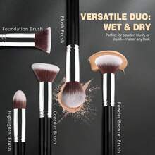 Juego de brochas de maquillaje, brochas profesionales básicas para sombra de ojos, corrector, rubor, base, contorno, incluye 2 esponjas de maquillaje y caja de papel para maquillaje - Negro - Ver 3