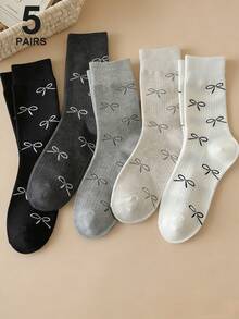 5双装女士薄款过膝袜，带蝴蝶结，甜美风格罗纹透气中筒袜，百搭薄款短袜，休闲透气堆堆袜 - 彩色 - 查看 6