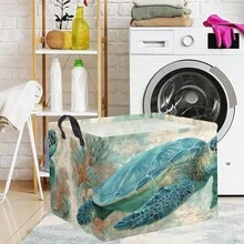 1pc Vintage Sea Turtle Nautical Map Storage Basket, Foldable Fabric Storage Bin With Handles, Coastal Ocean Home Organizer For Clothes Toys, Beach Decor Storage Box - Mint Blue - View 4