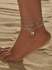 3pcs Elegant Heart Lock Pendant Anklets, Exquisite Casual Holiday Accessories, Suitable For All Seasons, Gift - Silver - View 3
