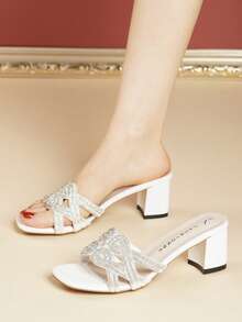 Women's Solid Color Glamorous PU Leather Rhinestone High Heel Sandals, Square Toe Chunky Low Heel Slip-On Shoes For Party, Spring/Summer - White - View 2