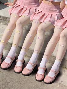 CLAGAINER 3 pares de medias transparentes con estampado de moño, medias transparentes decorativas con moño 3D, medias tipo Lolita dulce, medias transparentes antideslizantes para uso diario de mujeres - Multicolor - Ver 16
