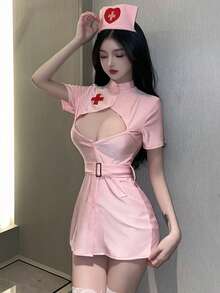 1pc Sexy Nurse Costume Mini Dress Set (Includes 1 Belt + 1 Headband), With Cross Logo, Suitable For Singles Party Pink - Pink - View 4