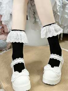 1 đôi tất nữ màu đen với viền ren trắng lớn, kiểu Lolita dễ thương, phù hợp cho mọi mùa xuân hè, chất liệu dệt kim thoáng khí, phong cách Ins, tất cổ ngắn kiểu nữ tính, thích hợp mặc ở nhà, đi làm, dự tiệc, thể thao, đi học, làm quà tặng ngày lễ. - màu đen - Xem 1