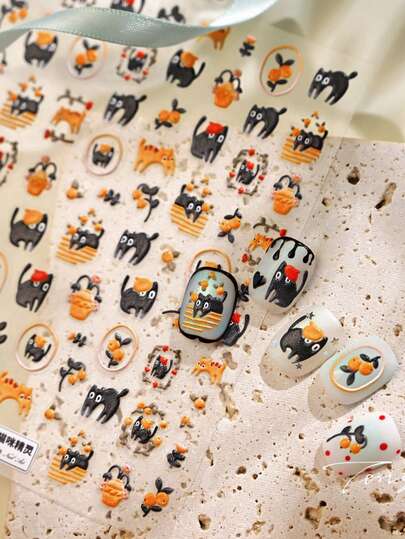 1pc Cartoon Sweet Orange Black Cat Nail Art Sticker, Essential For Nail Technicians, 5D Embossed Craft, Cute Black & Orange Cat With Sweet Orange And Branches Nail Decor Design, Self-Adhesive Nail Sticker, DIY Nail Decals, Elegant Gift For Ladies, Adorable Cat Healing Style Nail Accessory Nail Stickers