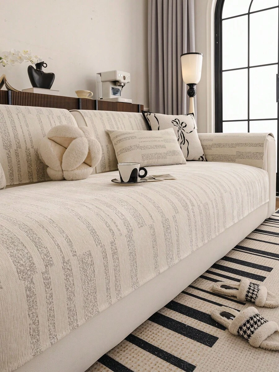 1件装雪尼尔法式奶油色沙发垫，适用于1/2/3/4座沙发，包含座垫、扶垫和靠背垫，防滑沙发套，四季皆宜 - 米色 - 查看 1