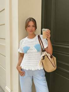 Áo dệt kim cổ tròn màu trắng khoét lỗ, viền bèo nhún, kiểu dáng thường ngày, thích hợp cho kỳ nghỉ, đi biển, du lịch và mặc hàng ngày dành cho nữ, phù hợp cho mùa xuân/hè. - trắng - Xem 4