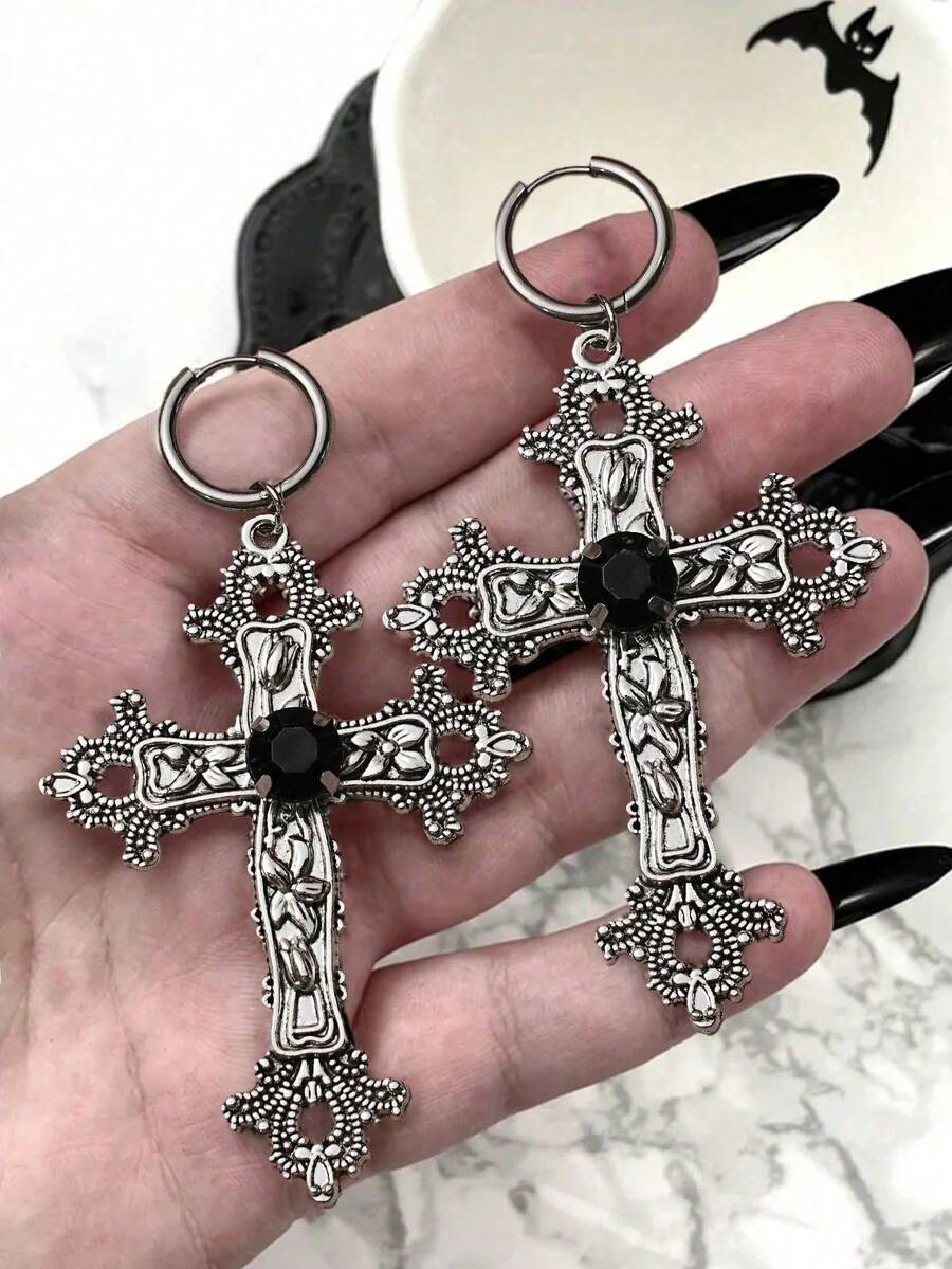 2 đôi bông tai hình thánh giá đính đá lấp lánh kiểu Gothic, màu bạc, kết hợp với phụ kiện Halloween phong cách Punk Rock màu đen. - kiểu Gothic - Xem 1