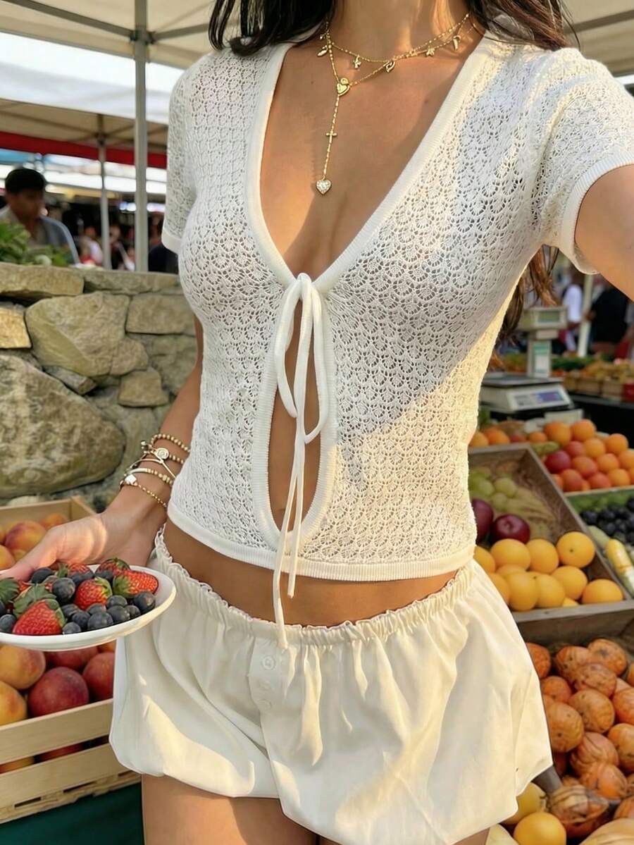 女士新款白色深V领短袖系带罗纹套头镂空针织毛衣，时尚优雅简约通勤Y2K基础款度假沙滩派对夜店露脐上衣，春夏秋季 - 白色 - 查看 1
