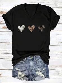 Plus-Size Women's Casual V-Neck T-Shirt With Leopard Print Heart Pattern – Suitable For Spring, Summer, And Autumn, This Casual Short-Sleeve Top Is Machine Washable And Comes In Various Styles, Perfect For Everyday Wear. Women's T-Shirt, Fashion Item, Stretch Fabric - 黑色 - 查看 1