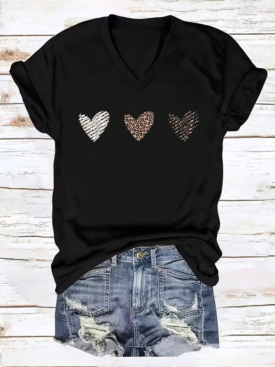Plus-Size Women's Casual V-Neck T-Shirt With Leopard Print Heart Pattern – Suitable For Spring, Summer, And Autumn, This Casual Short-Sleeve Top Is Machine Washable And Comes In Various Styles, Perfect For Everyday Wear. Women's T-Shirt, Fashion Item, Stretch Fabric - 黑色 - 查看 1