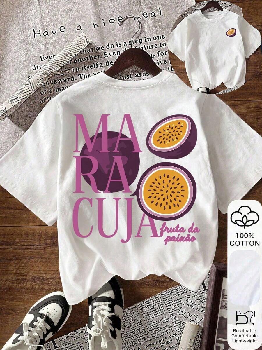 Damen Buchstaben- Und Obst-Muster Rundhals Kurzarm Lässig Vielseitiges T-Shirt - 白色 - 查看 1