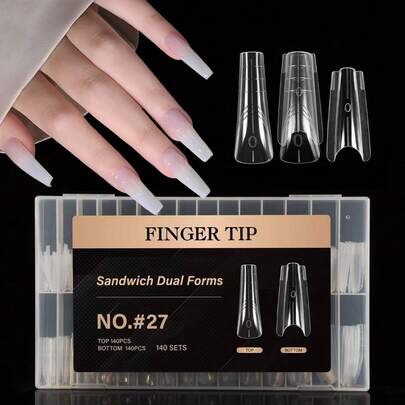 140/240/280 pezzi Punte per estensione unghie trasparenti, include stampo superiore + stampo inferiore, 15 misure di strisce per estensione unghie in gel acrilico con linee guida