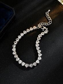1pc Luxurious Copper Zirconia Inlaid Heart-Shaped Link Tennis Bracelet With Fashion For Women - 心型款 - 查看 6