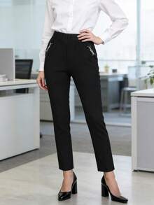 Women's Chain Pocket Casual Pants, Button Closure Business Slim Straight Leg Office OL Suit Trousers Spring Black - Black - View 2
