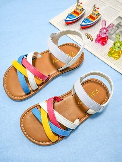 1 Pair Fashion White Children's Sandals, Girls' Non-Slip Flat Sandals, Hook And Loop Closure, Rainbow Color Block Multi-Strap Sandals, Suitable For Summer Outings, Daily Wear, Weddings, Beaches, School Activities
