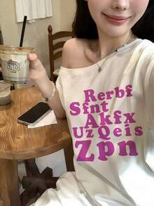 Purple Letter Print Asymmetrical Shoulder Short Sleeve T-Shirt For Women, Casual American Style Loose Fit Asymmetric Shoulder Top, Summer White - White - View 3