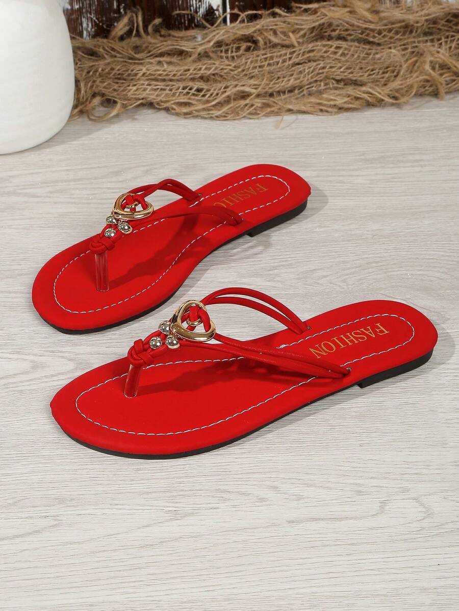 夏季爱心装饰人字拖，多功能休闲平底凉鞋，适合海滩、优雅度假风，休闲户外PU皮革交叉绑带沙滩假日家居 - 紅色 - 查看 1