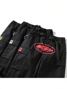 American Retro High Street Fashion Brand Hip-Hop Street Print Casual Multi-Pocket Side Buckle Men's And Women's Same Workwear Pants Ins - Nhãn đỏ và bản đồ (kích thước xuất) - Xem 2