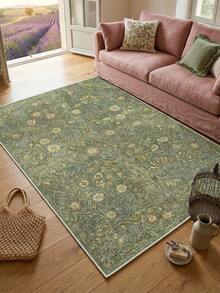 1 pieza Alfombra floral verde para sala de estar, adecuada para cocina, comedor, dormitorio, decoración de vacaciones, interior/exterior, oficina, vestíbulo, felpudo antideslizante, alfombra de baño, pasillo, estudio, alfombra para área de juegos - Verde - Ver 5