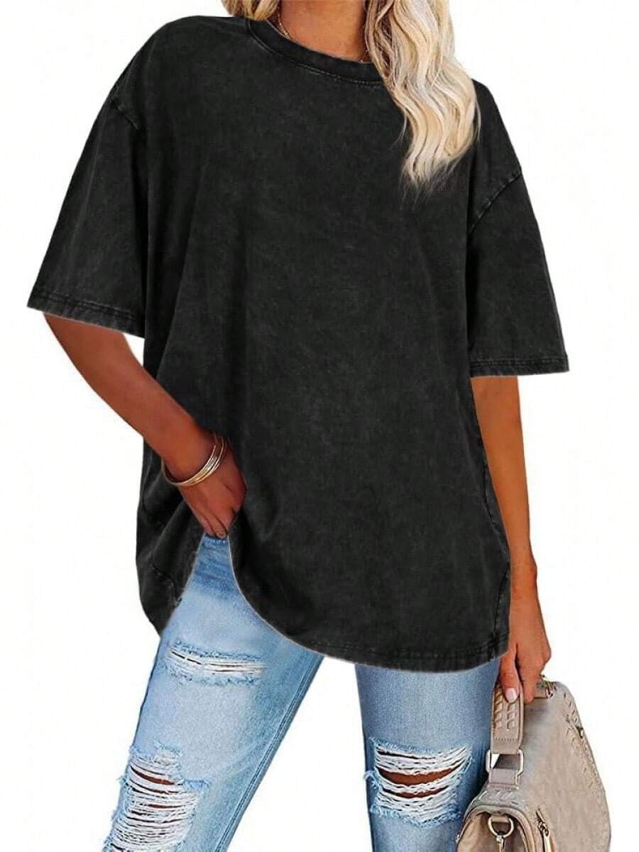 CHICALLURE Womens Oversized T Shirts Unisex Loose Fit Shirt Basic Vintage Washed Short Sleeve Tee Tops - Black - View 1