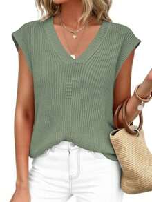 Women's Knit Sweaters Vest Lightweight Spring Cap Sleeve V Neck Tank Tops Summer Going Out Outfits - Mint Green - View 3
