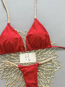 Bộ đồ bơi bikini buộc dây phong cách Bohemian họa tiết hình học và hoa nhiệt đới, dễ thương thanh lịch gợi cảm, casual cho nữ, đi biển nghỉ mát mùa hè - Đỏ - Xem 4